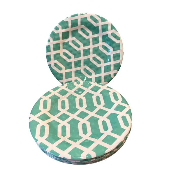 THE SPRING SHOP Melamine Dinner Plate Set of 4 Aqua & White Abstract Design NEW - Picture 6 of 8